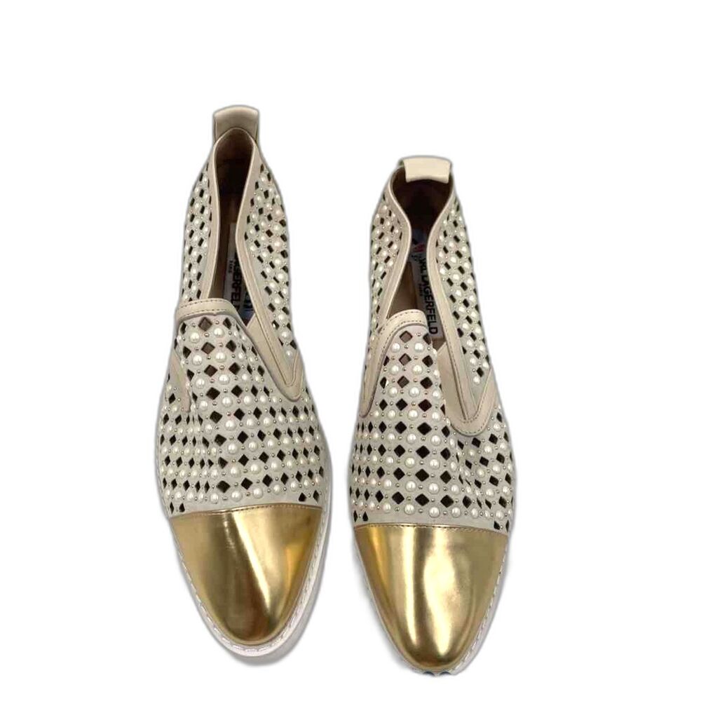 Authentic Karl Lagerfeld "Paris"  Gold Leather Pearl Slip-On Designer Shoes